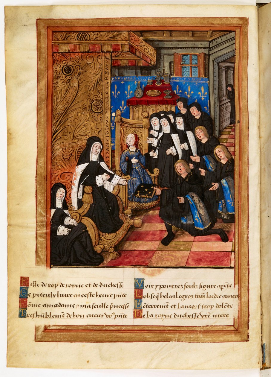 Herdenking en waarschuwing voor het overlijden (...) van Madame Anne (...) hertogin van Bretagne (...): opdrachtminiatuur waarop de auteur Pierre Choque zijn werk geeft aan koningin Anne van Bretagne, die Claude tot haar erfgenaam benoemt. door Master of the Paris Entries