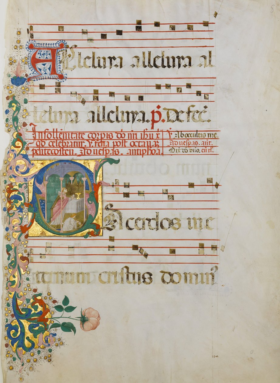 Manuscriptblad met de Viering van een Mis in een Initiaal S door Master of the Riccardiana Lactantius