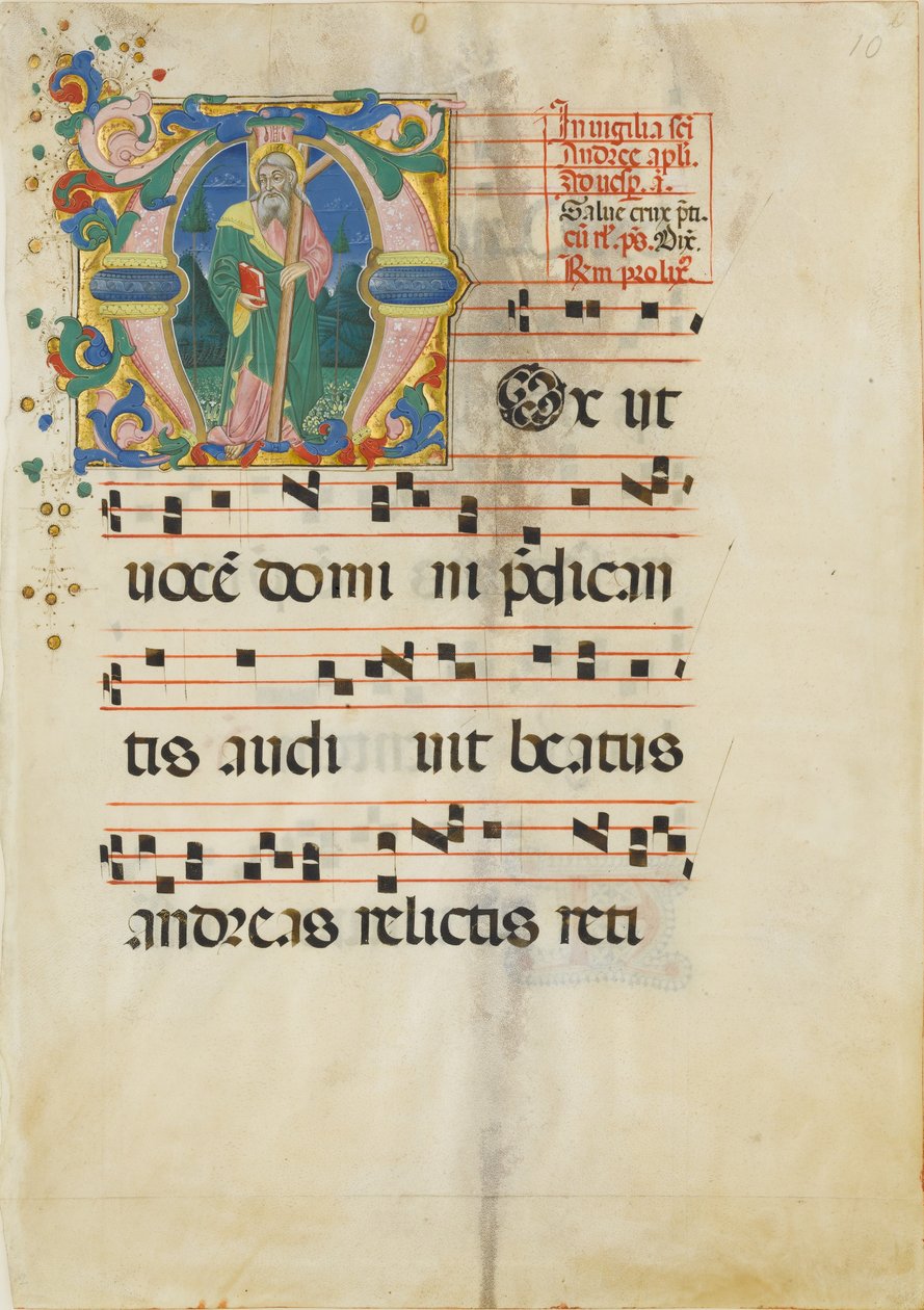 Manuscriptblad met het feest van Sint Andreas in een initiaal M ..., tweede helft 15e eeuw door Master of the Riccardiana Lactantius