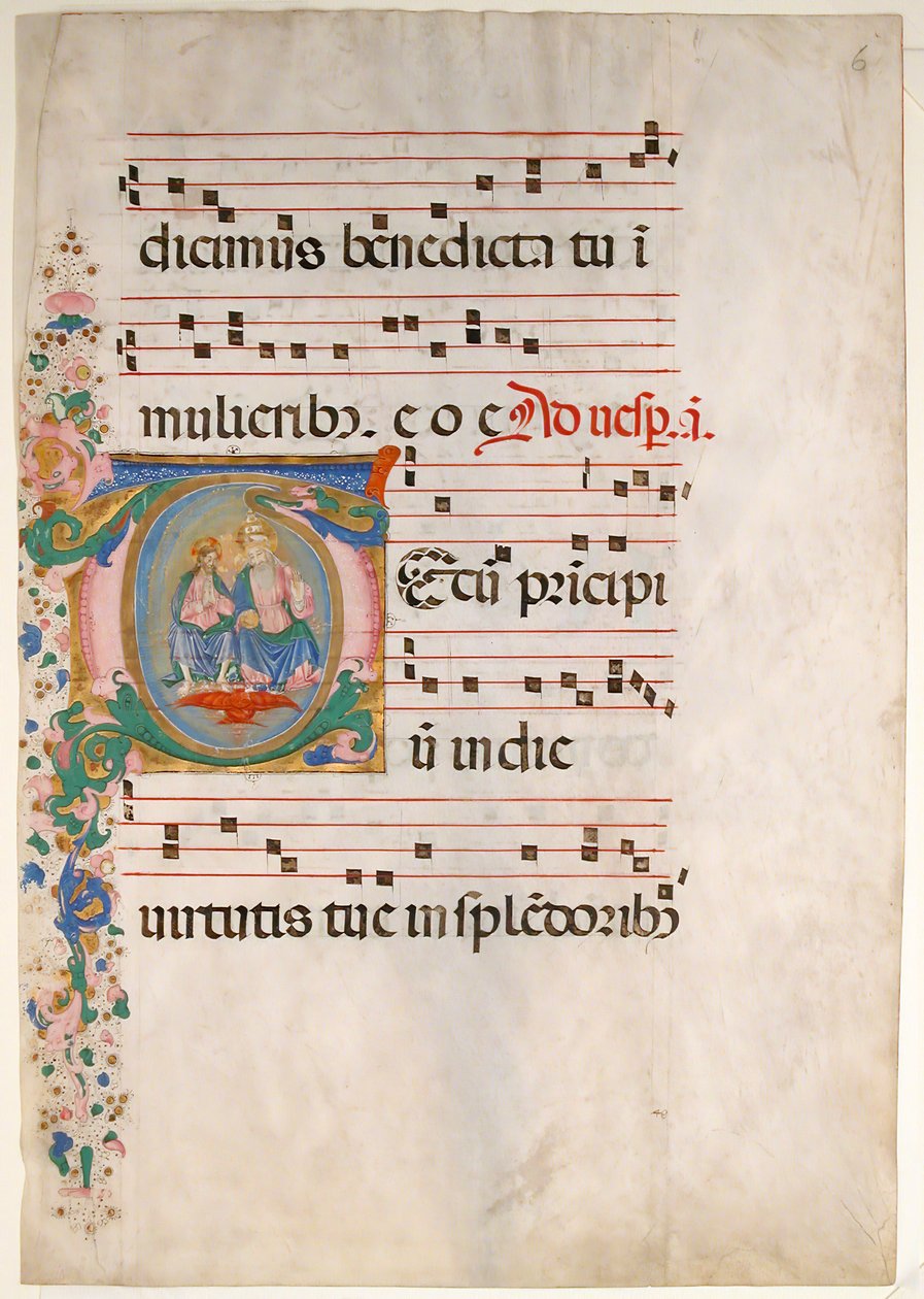 Manuscriptblad met de Drie-eenheid in een initiaal T, uit een antifonarium door Master of the Riccardiana Lactantius