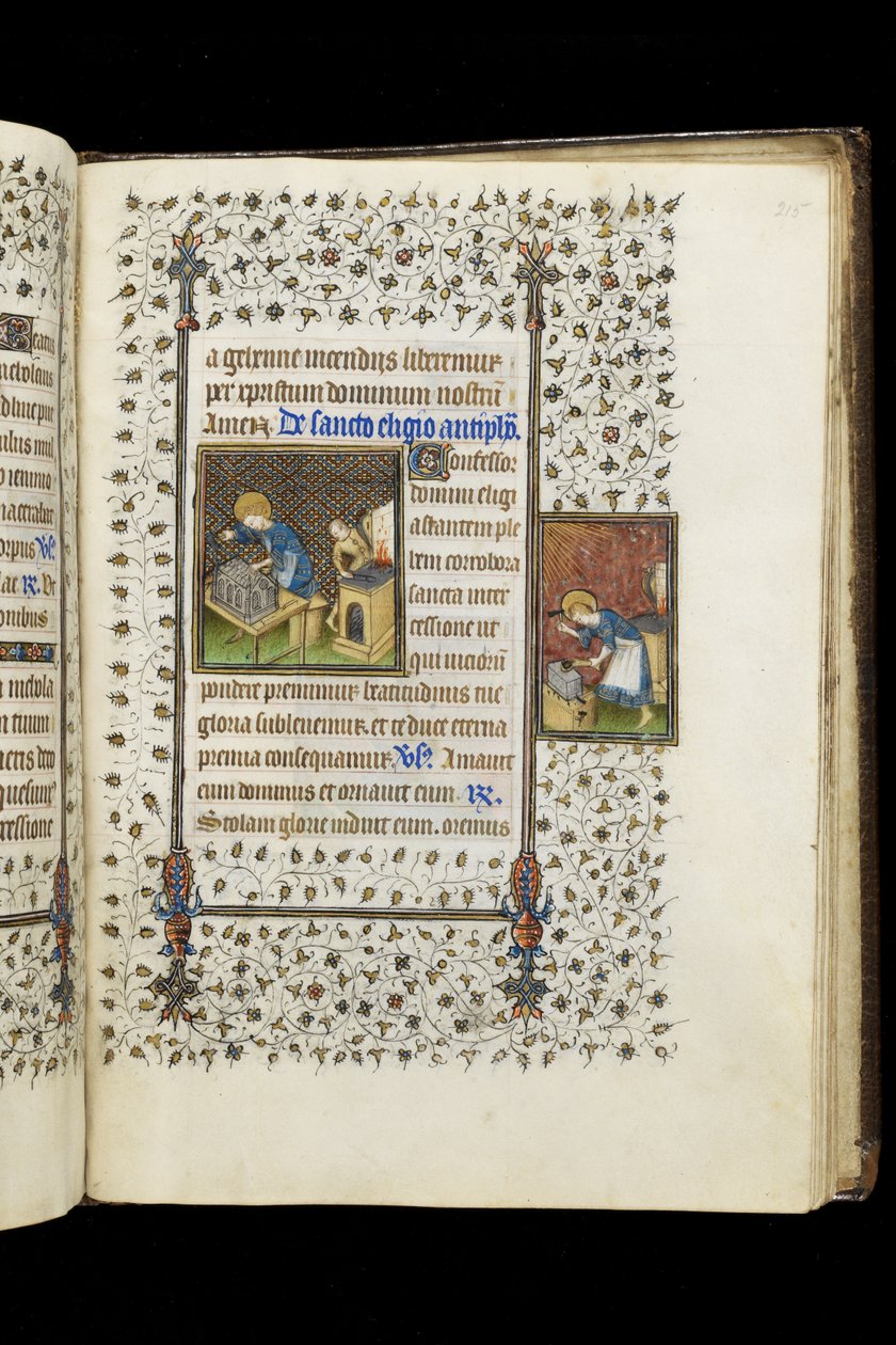 Ms 62 f.215r St. Eligius maakt een schrijn; St. Eligius bij een aambeeld, uit een Getijdenboek, ca. 1445-50 (perkament) door Master of the Rohan Hours
