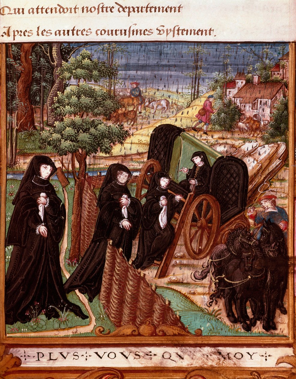 Voorstelling van de koningin van Navarra Margarita van Angoulême (1492-1549) omringd door haar hofdames die aan boord gaan van een koets voor een wandeling door Master of the Rohan Hours