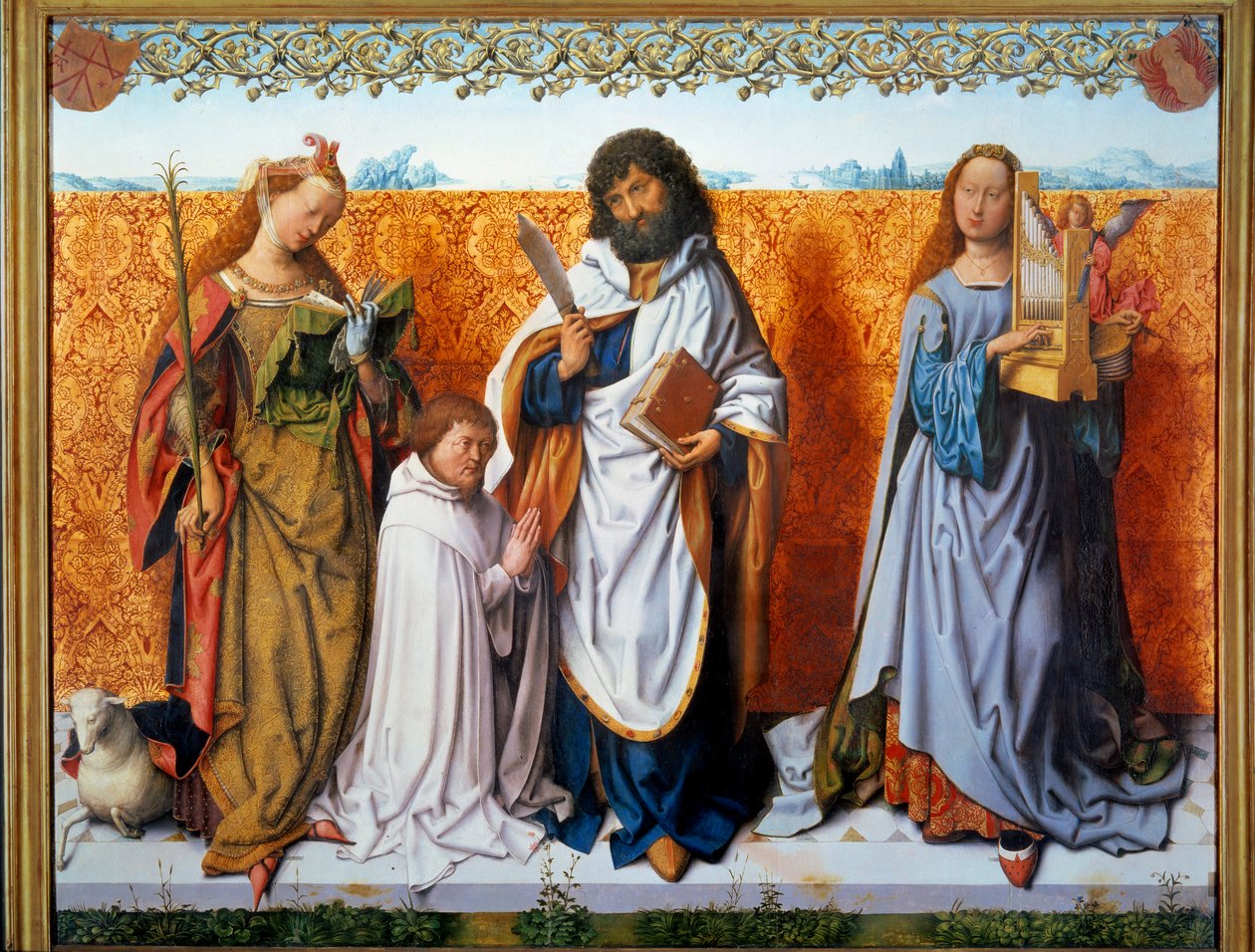 Centraal paneel van het altaar van Sint Bartholomeus: Sint Agnes, Bartholomeus en Sint Cecilia met een schenker door Master of the St. Bartholomew Altarpiece