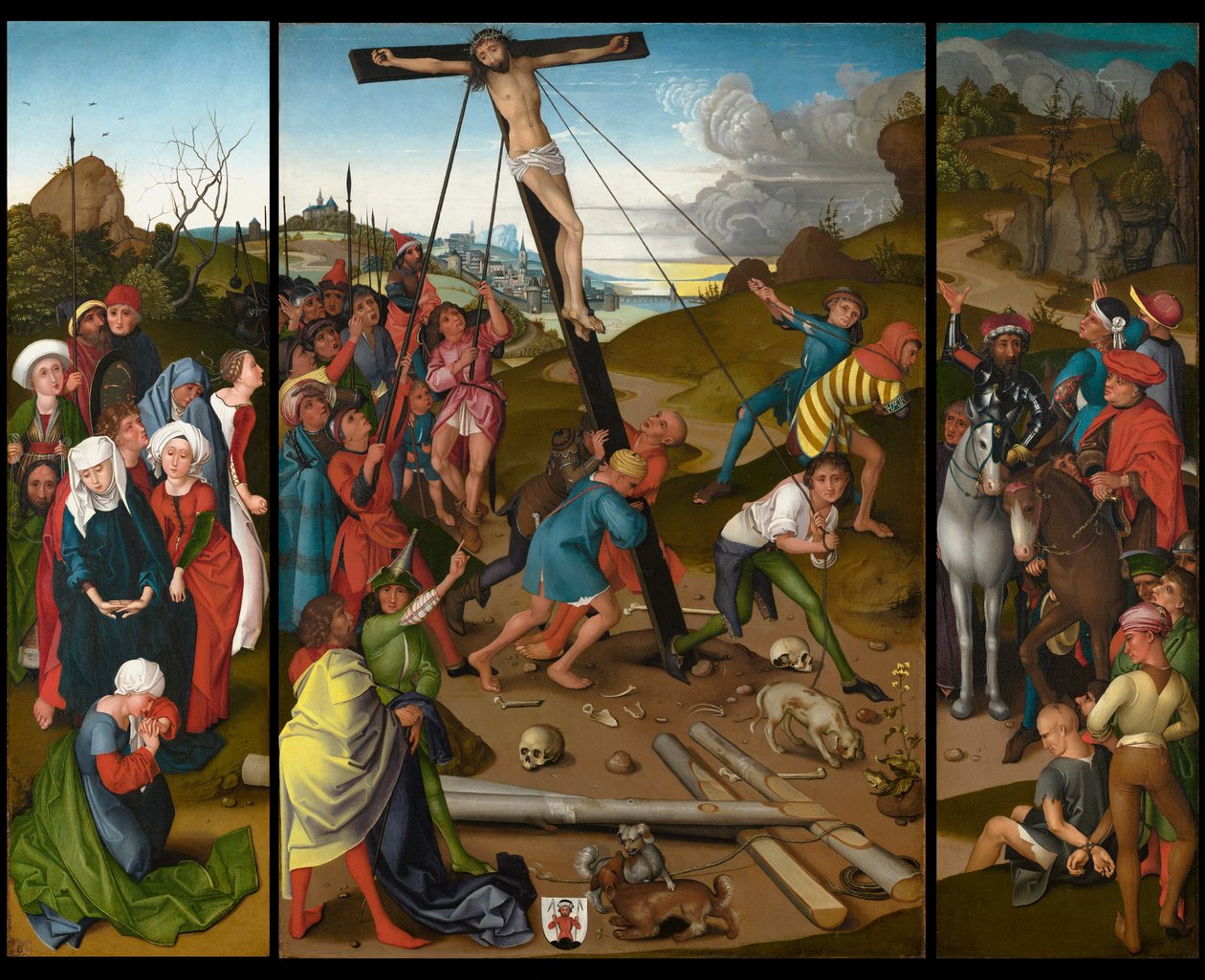 De Verheffing van het Kruis [midden, links, en rechts panelen] door Master of the Starck Triptych