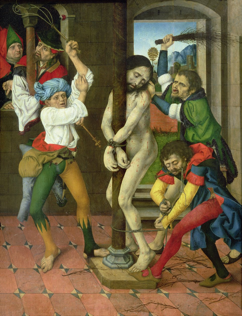 De Geseling van Christus, zijpaneel van het Altaarstuk van de Passie door Master of the Strache Altar