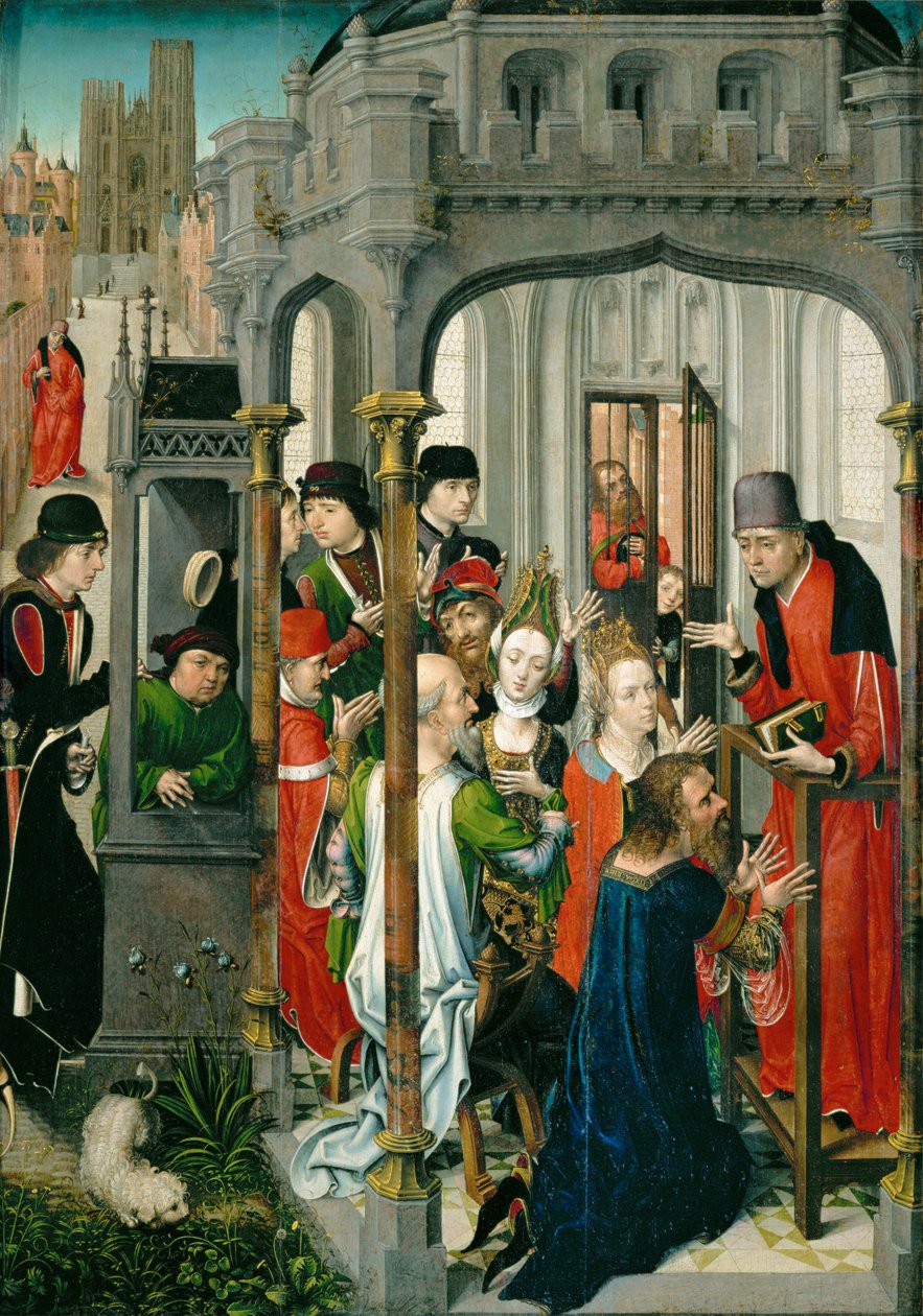 De prediking van Sint Gery, "de pastorale preek", met de kerk van Sint Gudule op de achtergrond ... door Master of the View of Saint Gudula