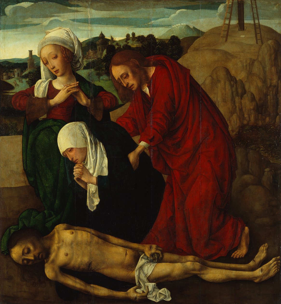De klaagzang over de dode Christus, ca. 1490 door Master of the Virgo Inter Virgines