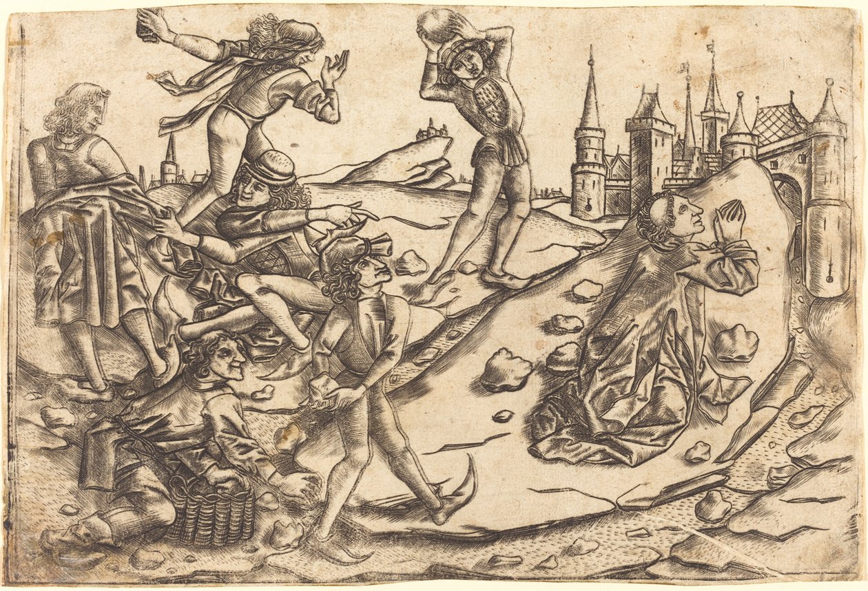 De Steniging van Heilige Stefanus door Master with the Banderoles after Israhel van Meckenem