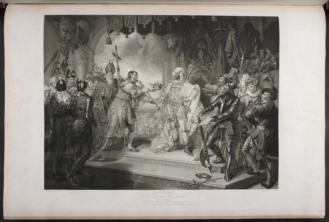 Koning Richard de tweede. Act IV. Scene I. Koning Richard, Bolingbroke, York, Aumerle, enz. In het parlementsgebouw, c.1803 (gravure) door Mather Brown