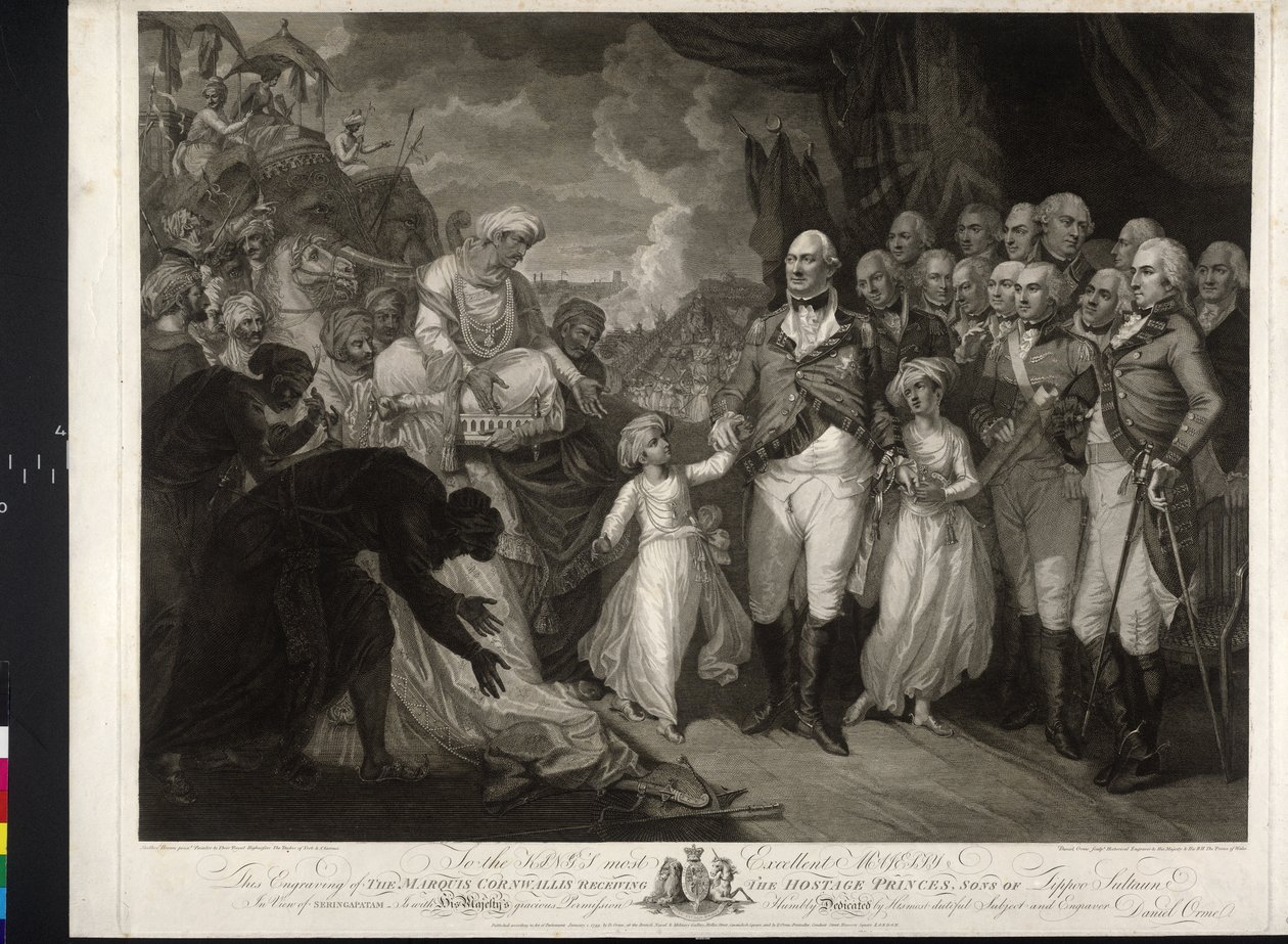 Markies Cornwallis met de twee Indiase prinsen door Mather Brown
