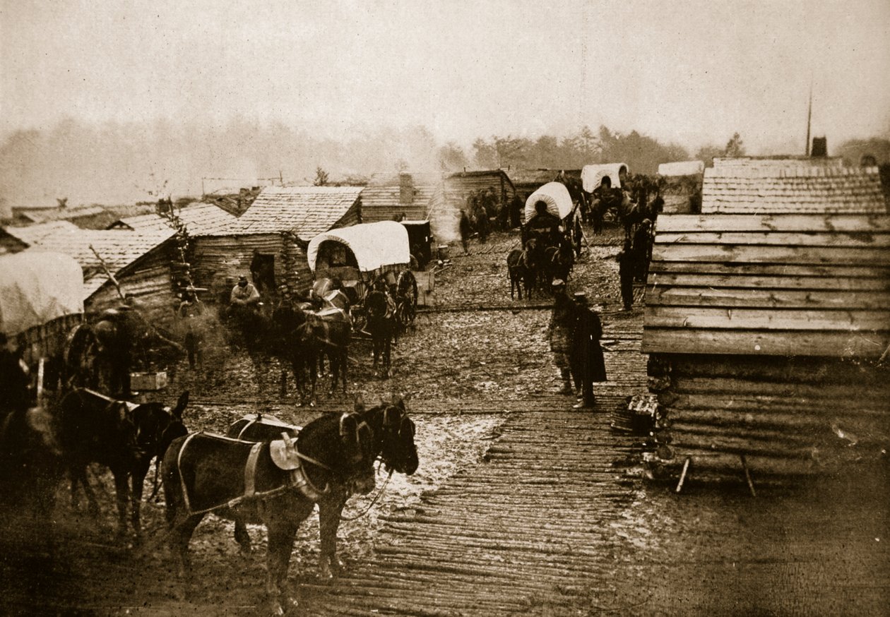 Winterkwartieren en Corduroy Road, 1861-65 door Mathew B. Brady