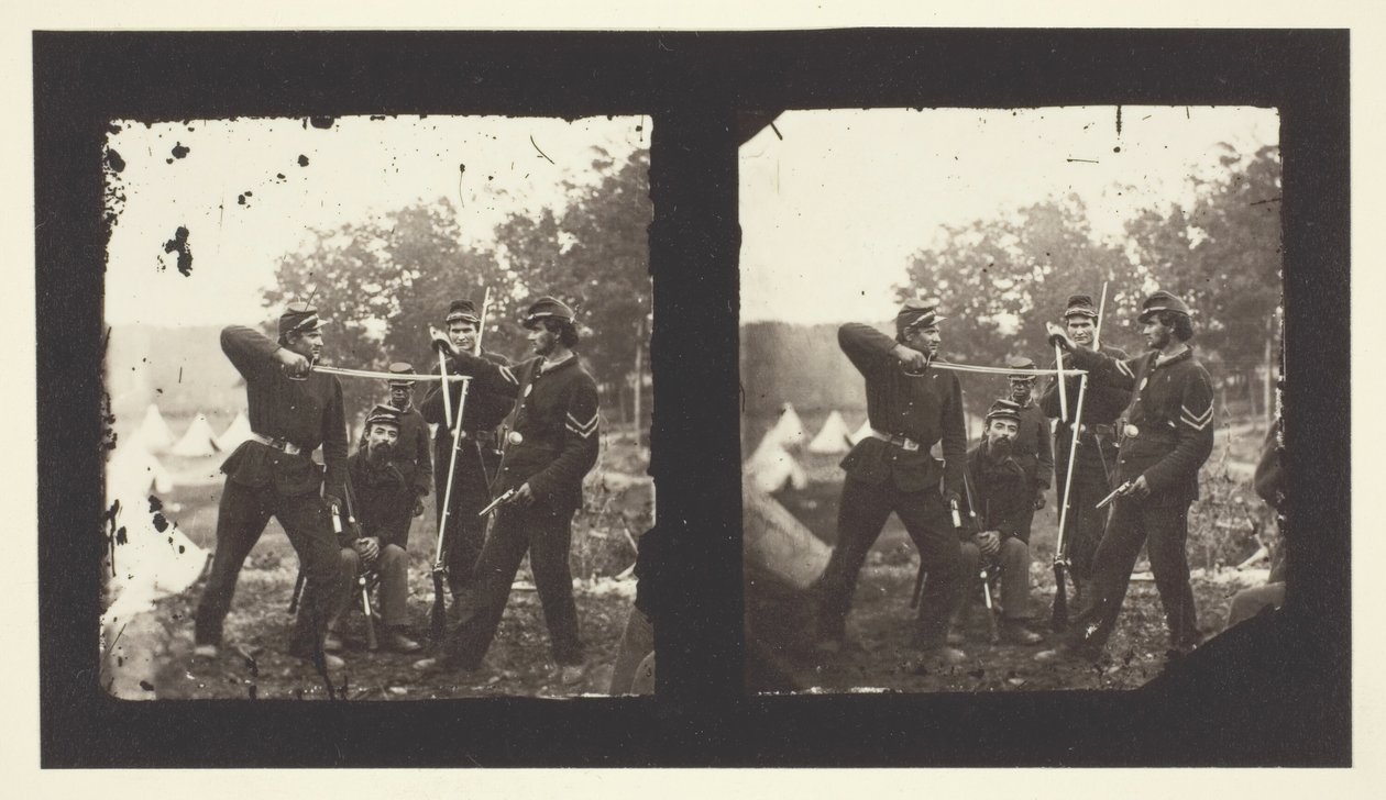 Zonder titel [Amerikaanse soldaten poseren met wapens], 1850-1900 door Mathew Brady