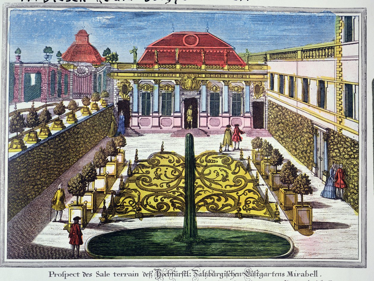 De tuinen van het Mirabelle Park, Salzburg, Oostenrijk, gegraveerd door Karl Remshardt (1678-1735) ca. 1720 door Mathias Diesel