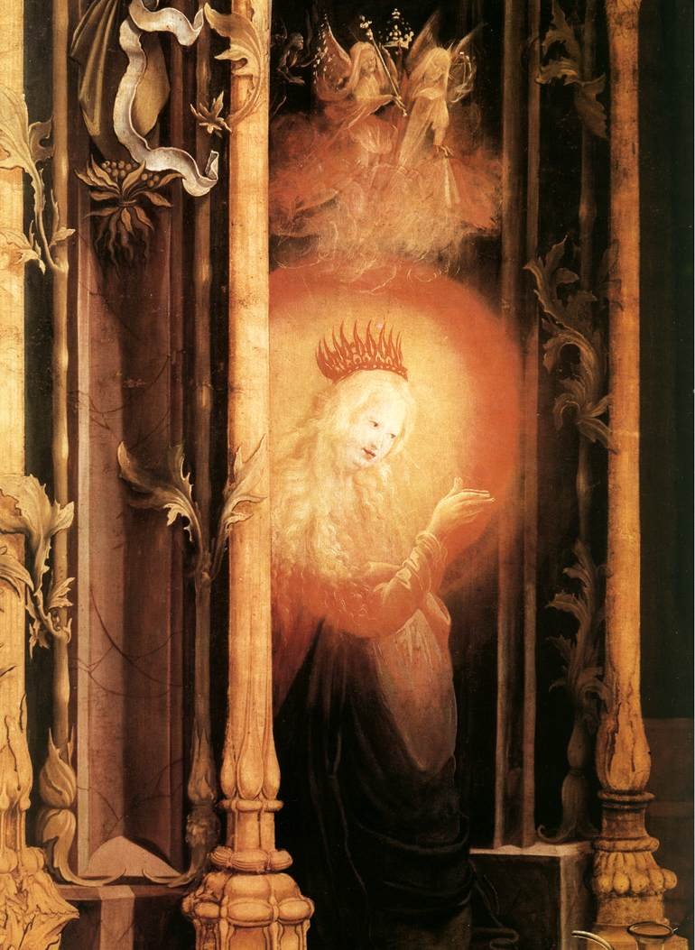 Concert van engelen en geboorte (detail) door Matthias Grünewald