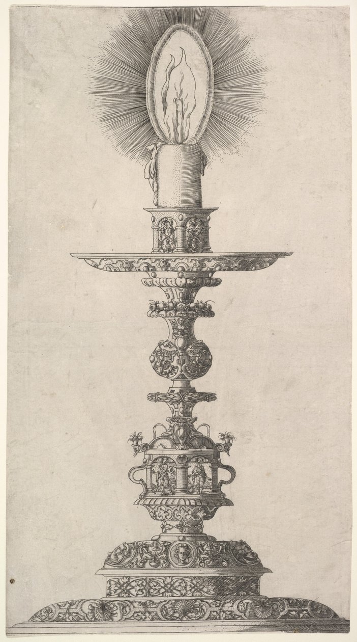 Kandelaar met brandende kaars uit: Insigne Ac Plane Novum Opus Cratero graphicum, Ein n..., 1551 door Mathias Zundt