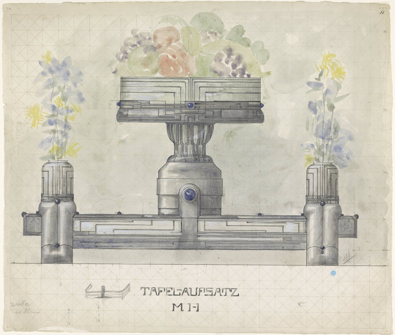 Ontwerp voor een zilveren tafelstuk, versierd met bloemen en fruit door Mathieu Lauweriks