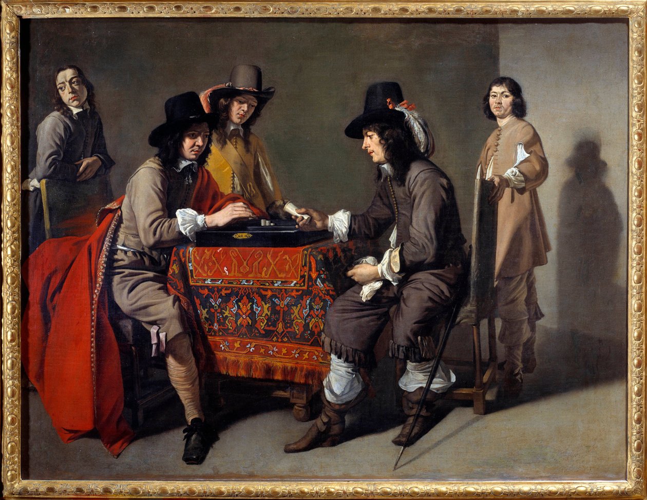 De tric trac spelers (Trictrac of Trictrac: voorloper van backgammon). Olieverf op doek. Schilderij door Mathieu Le Dwarf (Lenain) (1607-1677) door Mathieu Le Nain