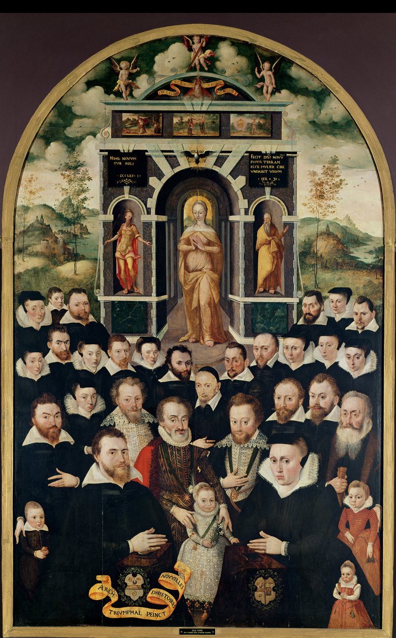 Allegorisch paneel met de Maagd, Henri IV (1553-1610) en hovelingen, schenkers, zijn vrouw en leden van hun familie door Mathieu Prieur