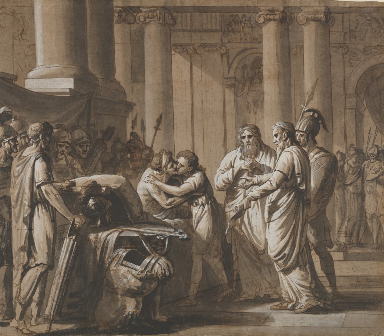 Scène uit de Romeinse geschiedenis, een jongeling ontvangt wapenrusting van een stervende door Mathieu Van Brée