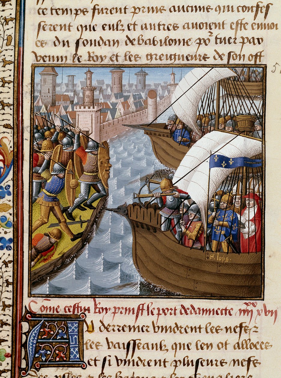 Zevende Kruistocht: Koning Saint Louis (1214-1270) en de kruisvaarders belegeren Damietta in juni 1249 in Neder-Egypte. Miniatuur uit het manuscript 