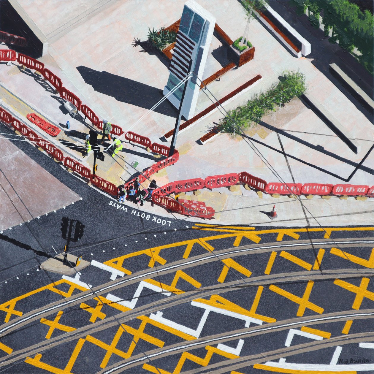 Drukknop en wachten, 2020 (acryl op paneel) door Matt Bannister