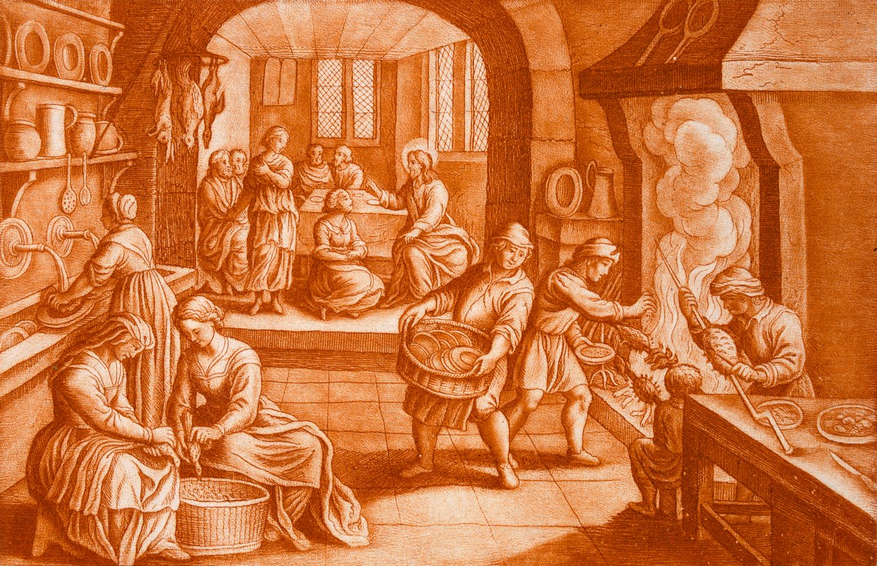 Het verhaal van Maria en Martha, illustratie uit de Bijbel, gegraveerd door J.C. Bodenehr door Mattaus the Younger Merian