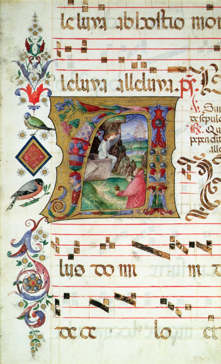 Geïllustreerde initiaal A die Maria Magdalena bij het graf van Christus toont door Matteo da Milano Matteo da Milano