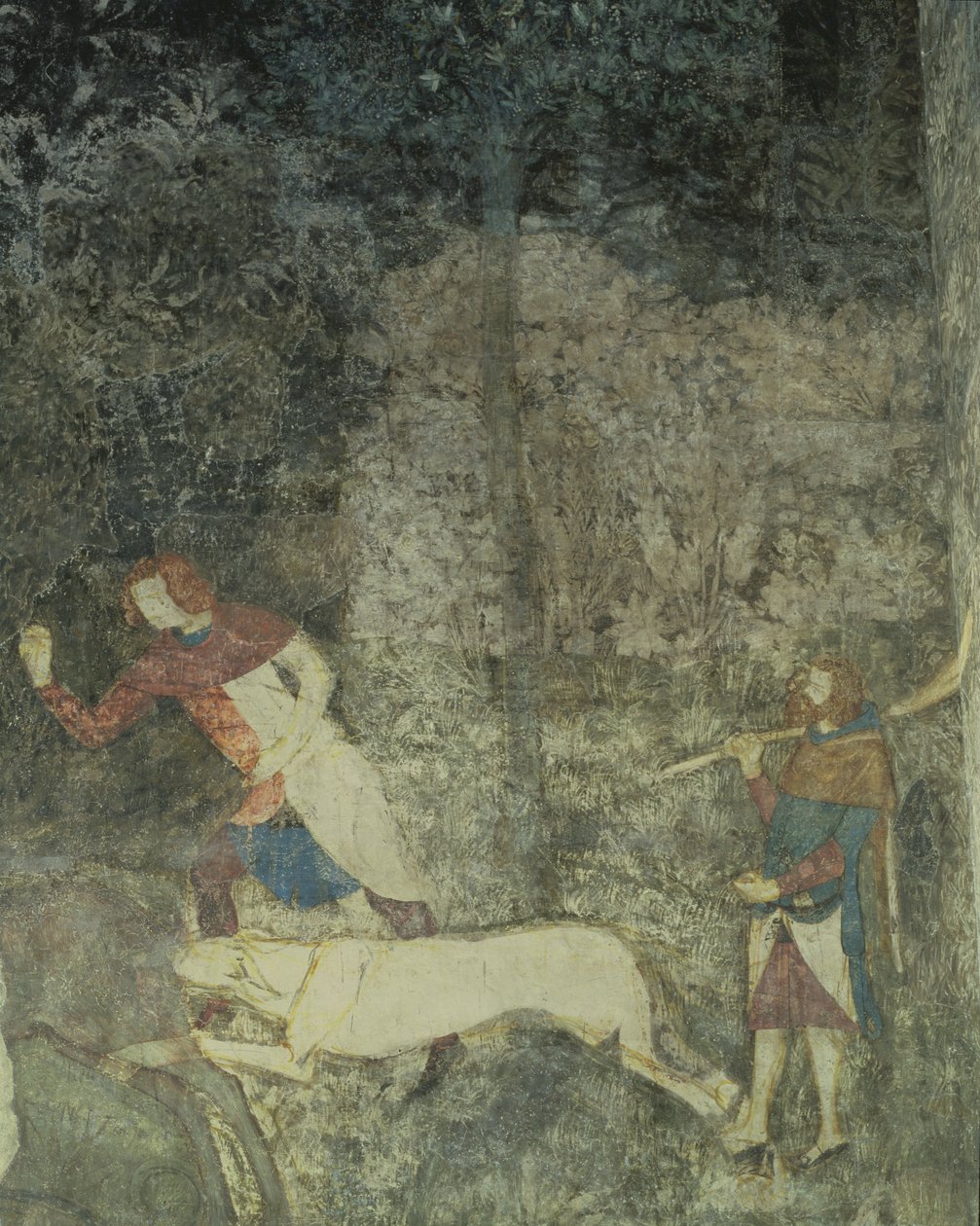Mannen jagen met honden, detail van decoratief schema uit La Chambre du Cerf door Matteo Giovanetti