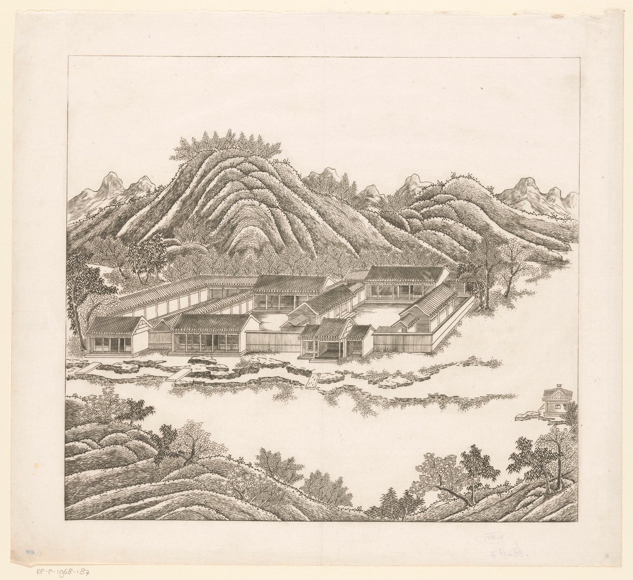 Gezicht op een deel van het keizerlijk zomerpaleis in Chengde (Jehol) te China door Matteo Ripa