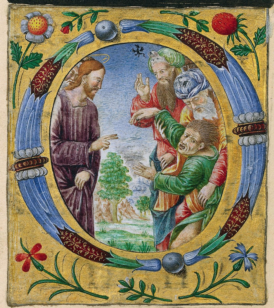 Fragment uit een Missaal: Initiaal O met Christus die een Exorcisme Uitvoert door Matteo da Milano