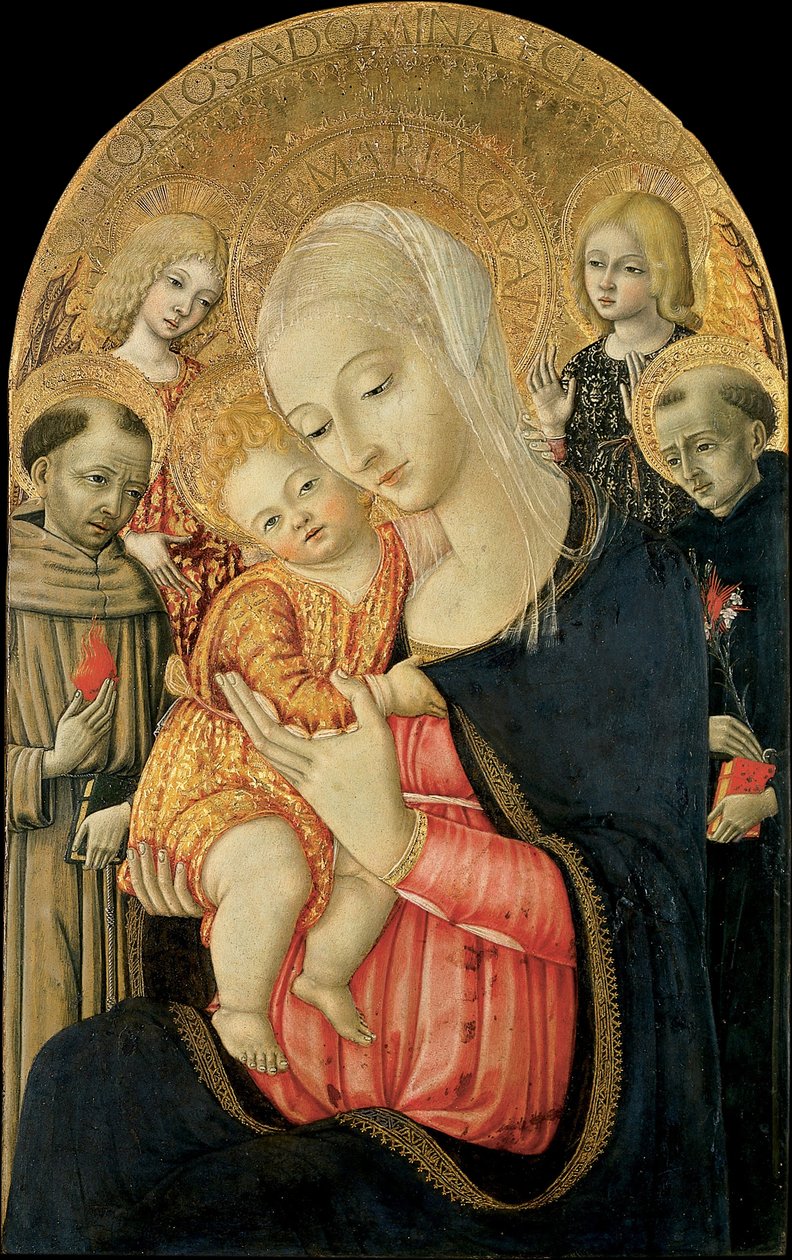 Madonna en kind met engelen en heiligen door Matteo de Giovanni