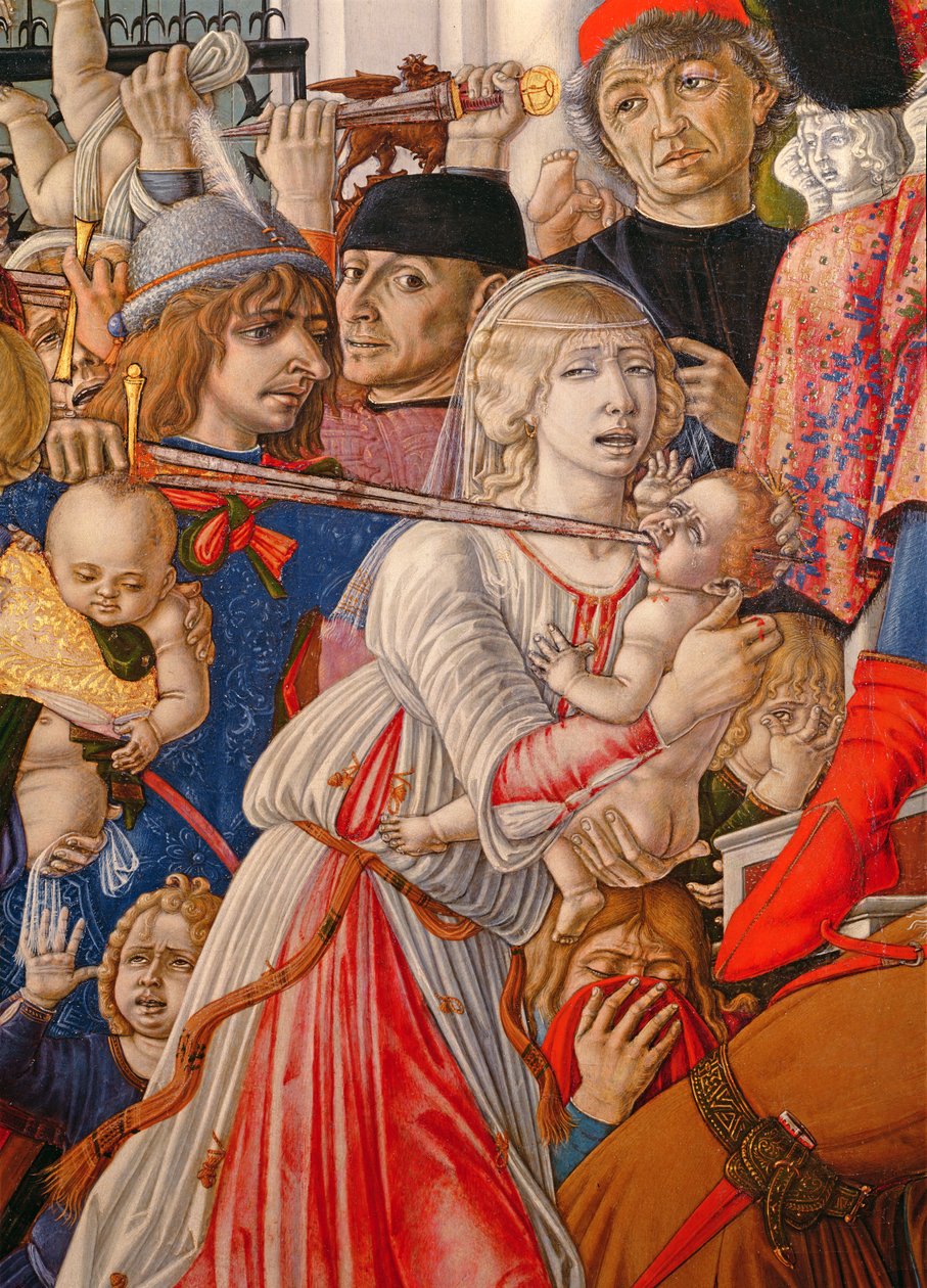 De Kindermoord, detail van een soldaat die een baby doorboort met zijn zwaard (detail) door Matteo di Giovanni di Bartolo