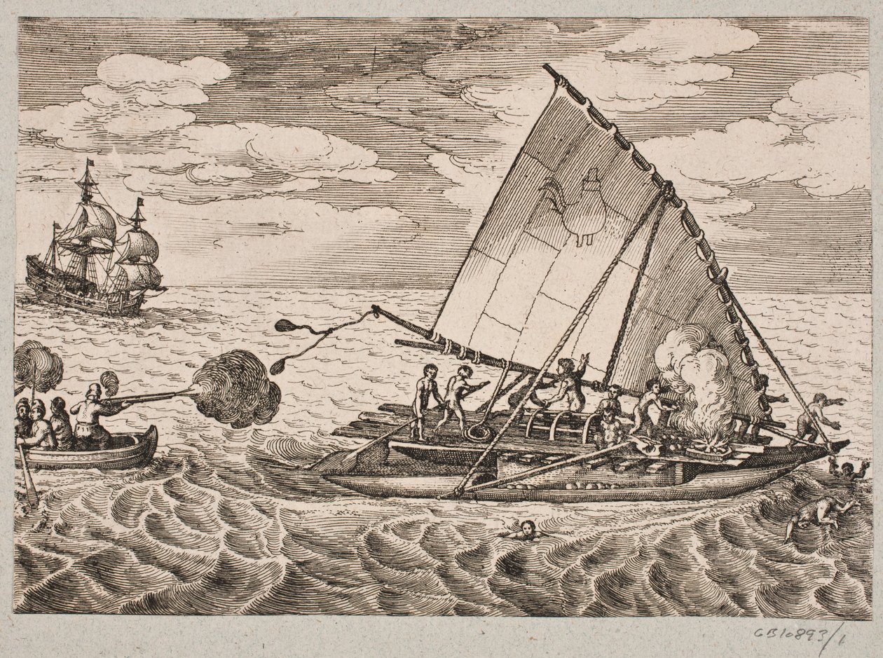 Hollanders veroveren schip met wilde mensen en kinderen door Matthäus Merian d.Æ.