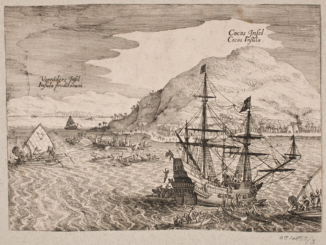 Over de landing van de Nederlanders op Cocos-eiland door Matthäus Merian d.Æ.