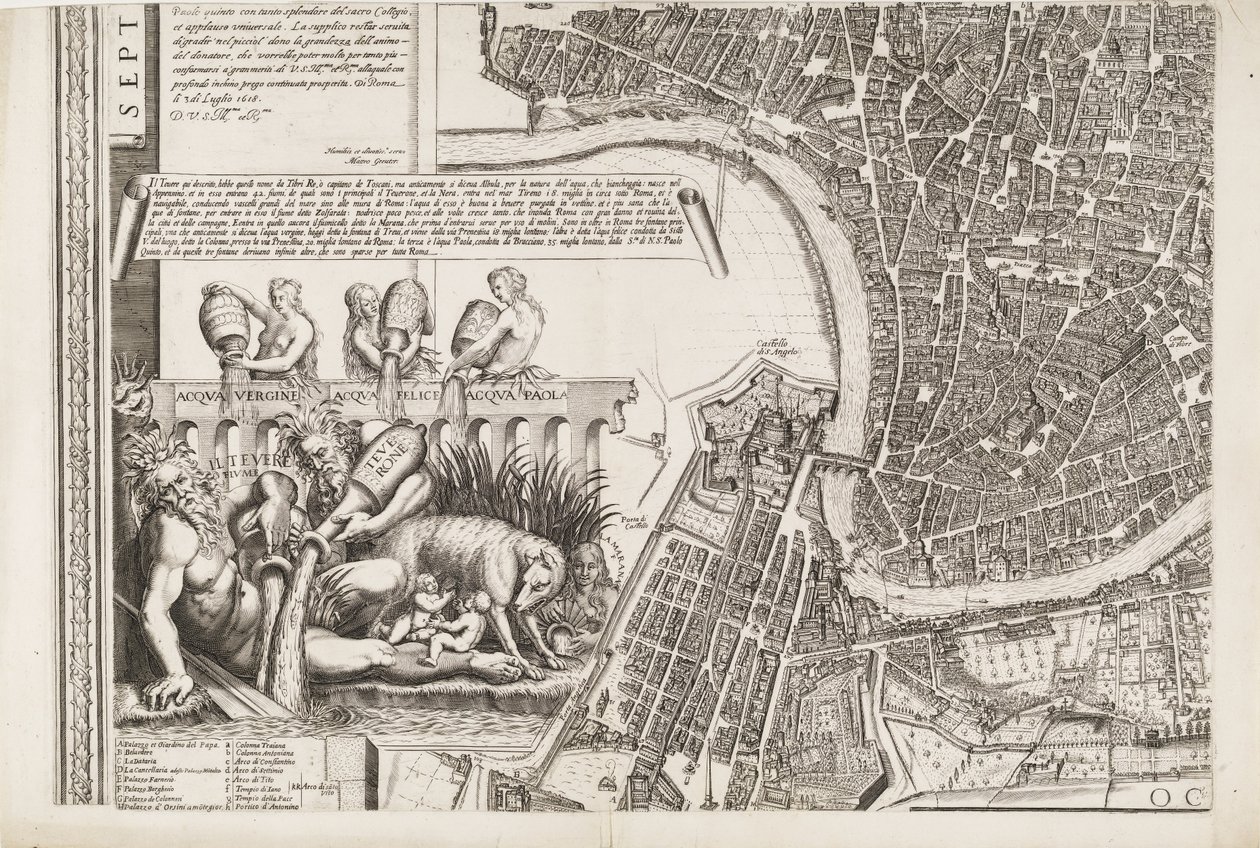Kaart van Rome. Linkeronderhoek door Matthaus Greuter