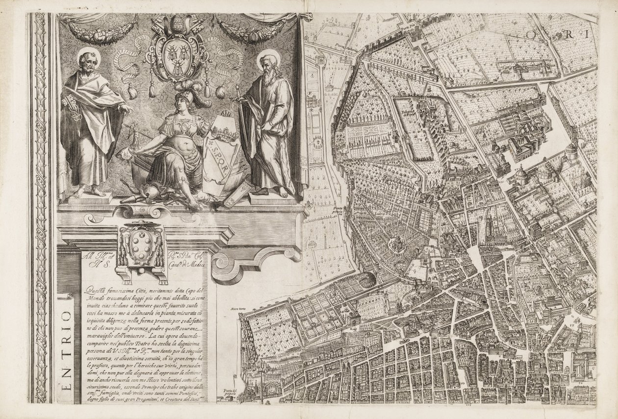 Kaart van Rome. Linkerbovenhoek door Matthaus Greuter