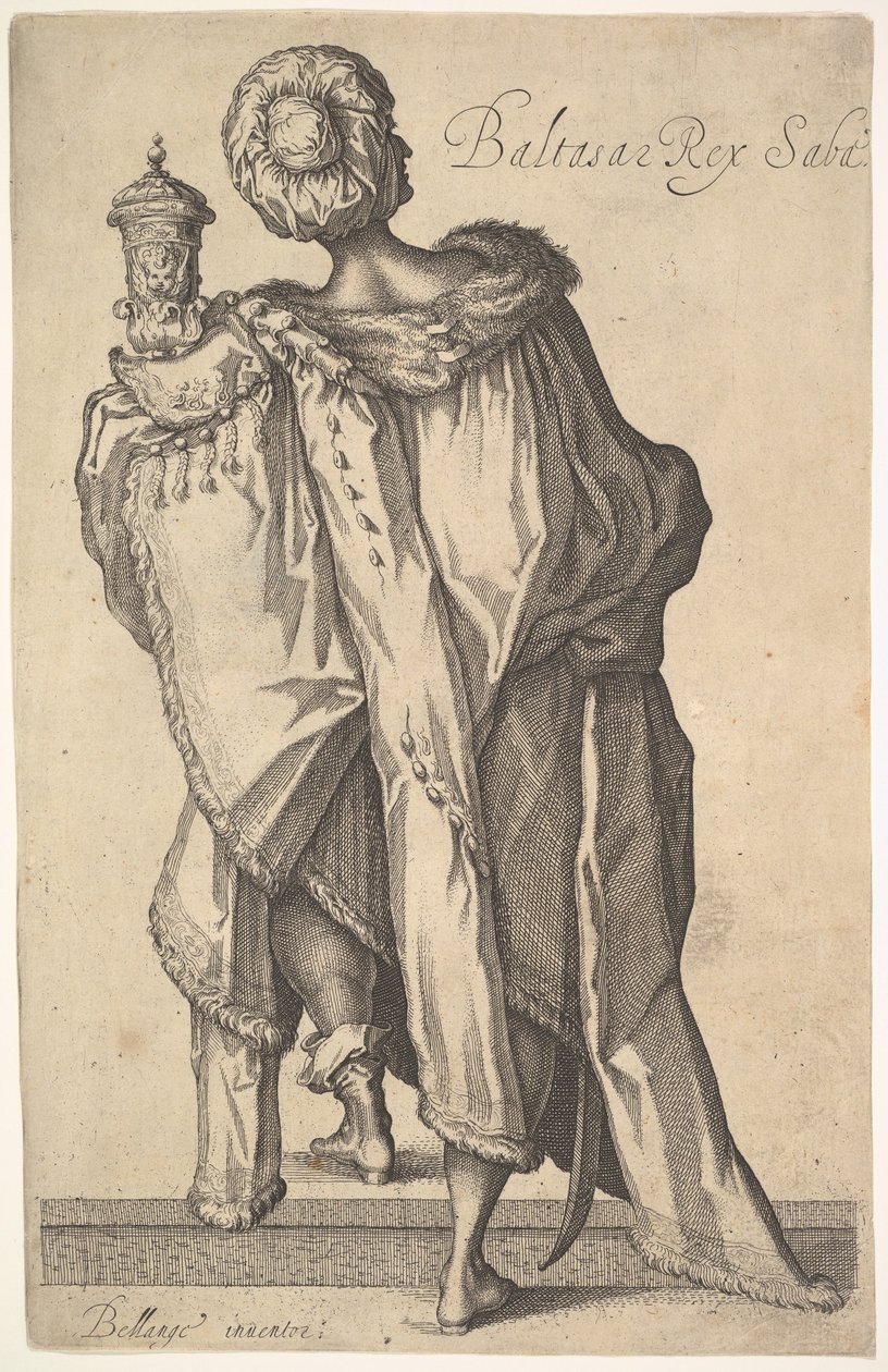 Balthasar, naar figuur in De Aanbidding der Wijzen door Jacques Bellange, ca. 1610-50 door Matthaus Merian