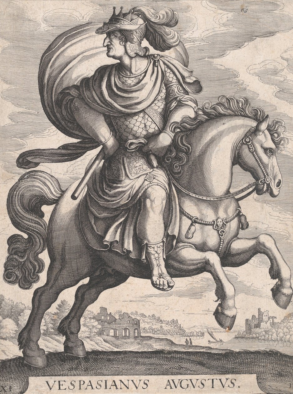 Keizer Vespasianus te paard, uit de serie De eerste twaalf Romeinse keizers, plaat 1..., 1610-50 door Matthaus Merian