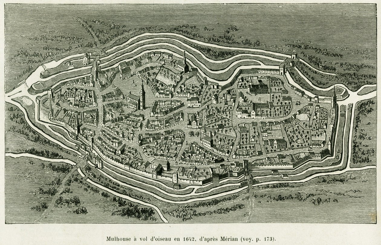 Mulhouse vliegt in 1642. Gravure door Matthaus Merian (1593-1650) ter illustratie van het verhaal 
