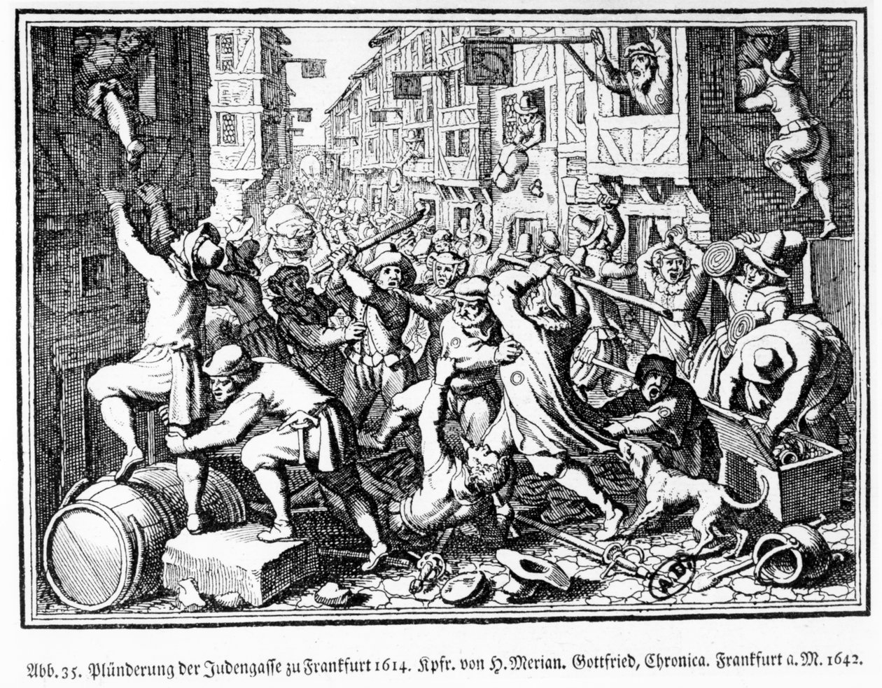 Plundering van de Joodse steeg tijdens de Fettmilch-rellen in Frankfurt op 22 augustus door Matthaus the Elder (after) Merian