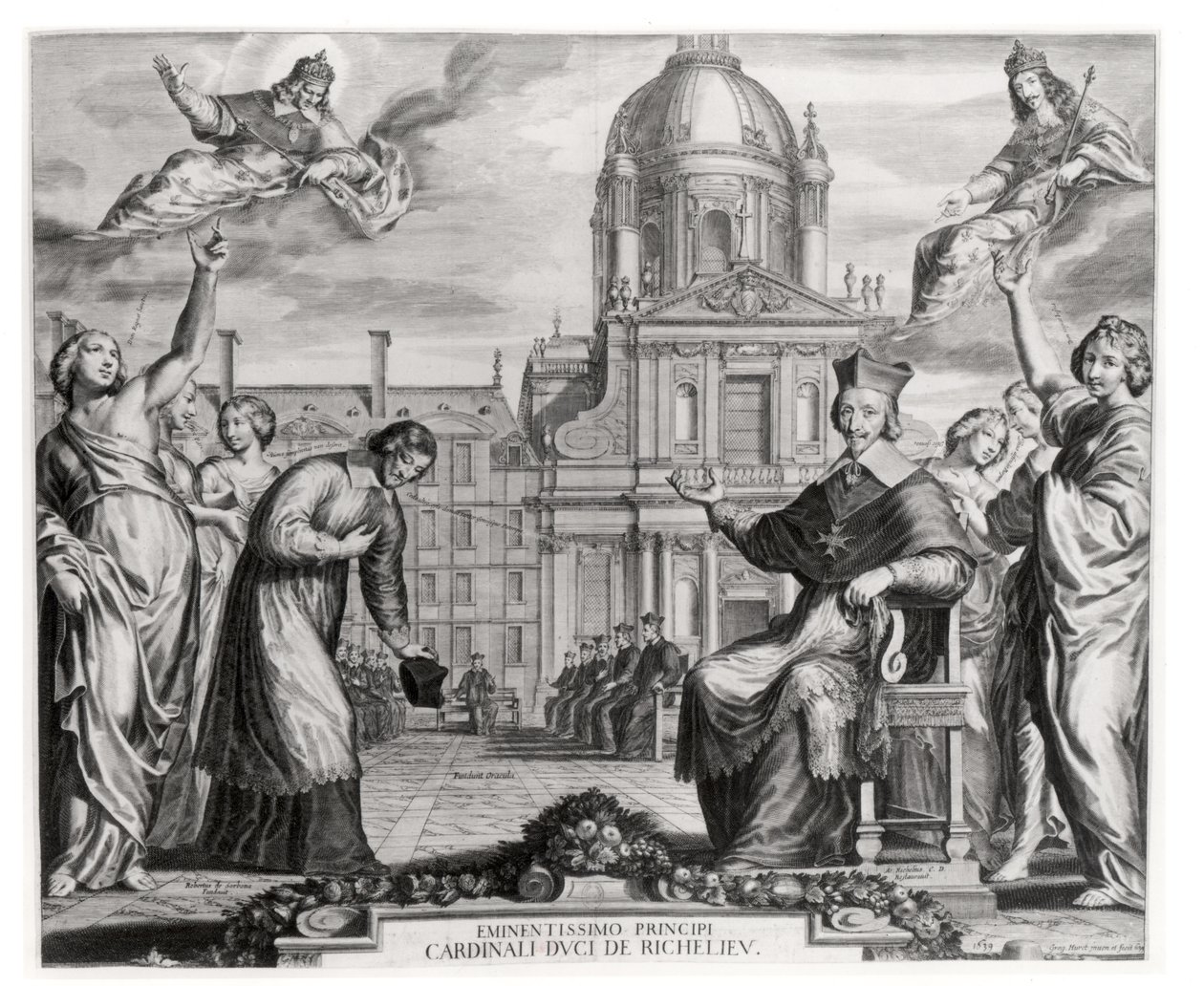 Robert de Sorbon (1201-94) en Kardinaal Richelieu (1575-1642) voor de Sorbonne, gegraveerd door Gregoire Huret (1606-70) 1639 door Matthaus the Elder Merian