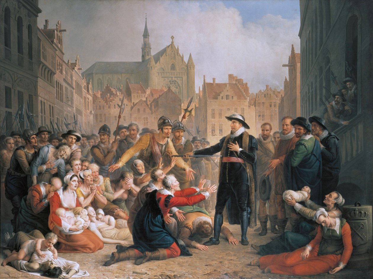 Burgemeester van der Werf biedt zijn zwaard aan het volk van Leiden aan door Mattheus Ignatius van Bree