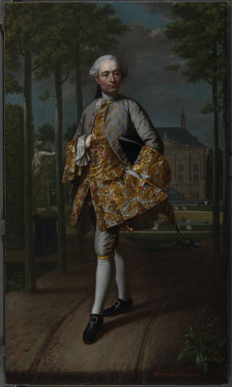 Portret van Gerard Cornelis van Riebeeck (1722-1759), secretaris van Delft, vermoedelijk staand voor zijn buitenhuis Essensteyn te Voorburg door Mattheus Verheyden