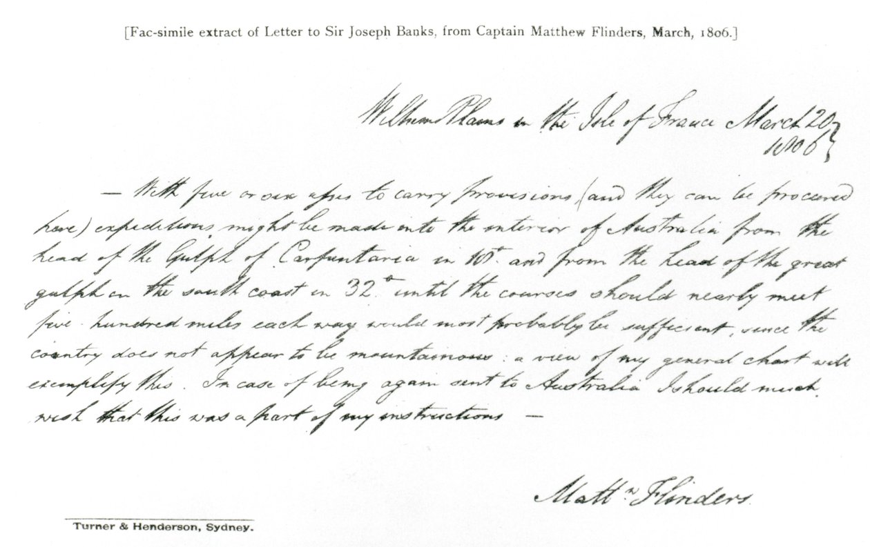 Facsimile kopie van een brief aan Sir Joseph Banks van kapitein Matthew Flinders, gedateerd maart 1806, uit The History of Australian Exploration from 1788-1888, 1888 door Matthew Flinders
