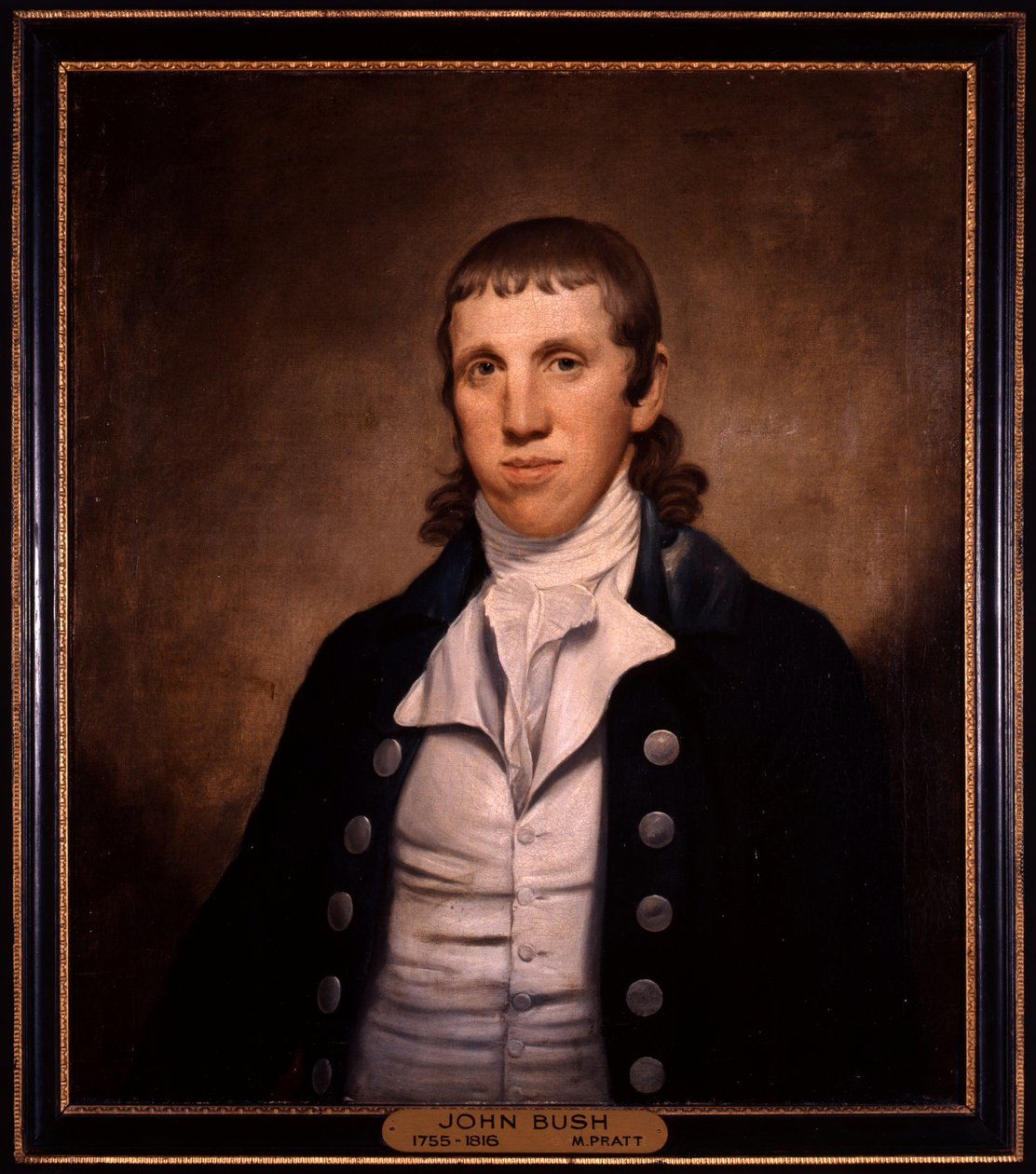 Halflang portret van John Bush met een donker gekleurde jas en een licht gekleurd vest door Matthew Pratt