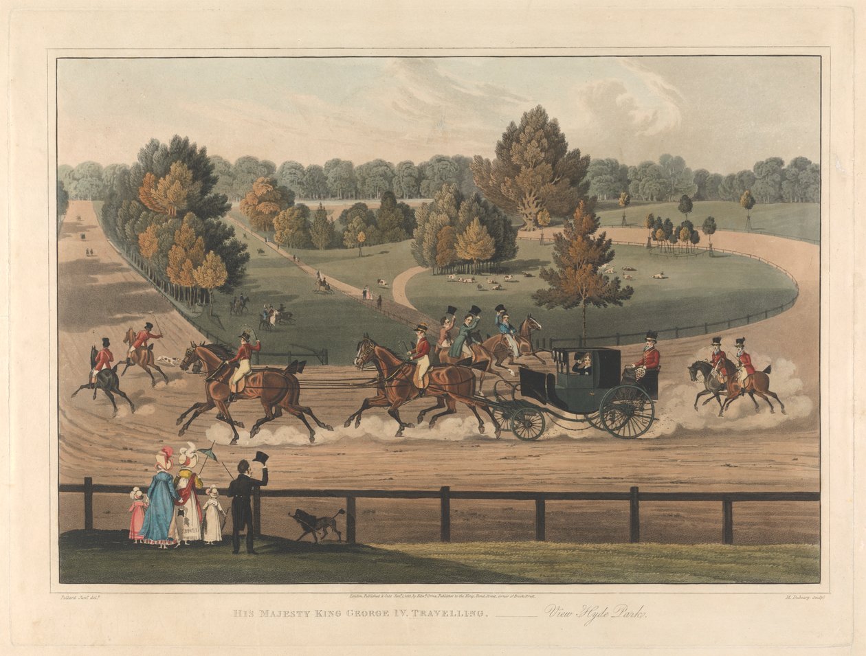 Koetsen: Zijne Majesteit Koning George IV. Reizend - Uitzicht op Hyde Park door Matthew Dubourg