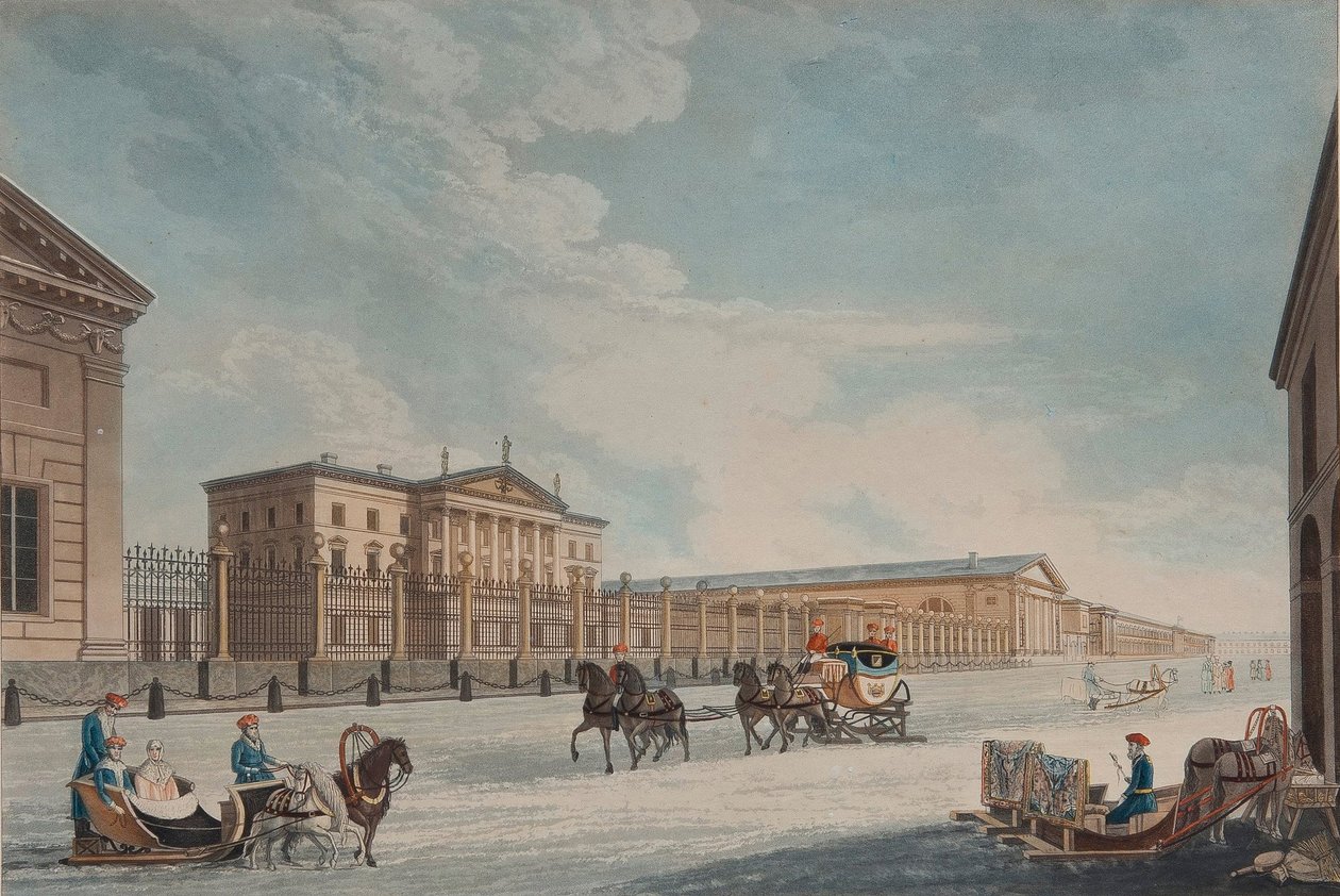 Uitzicht op de Imperial Bank en de winkels in Sint-Petersburg, 1815 door Matthew Dubourg