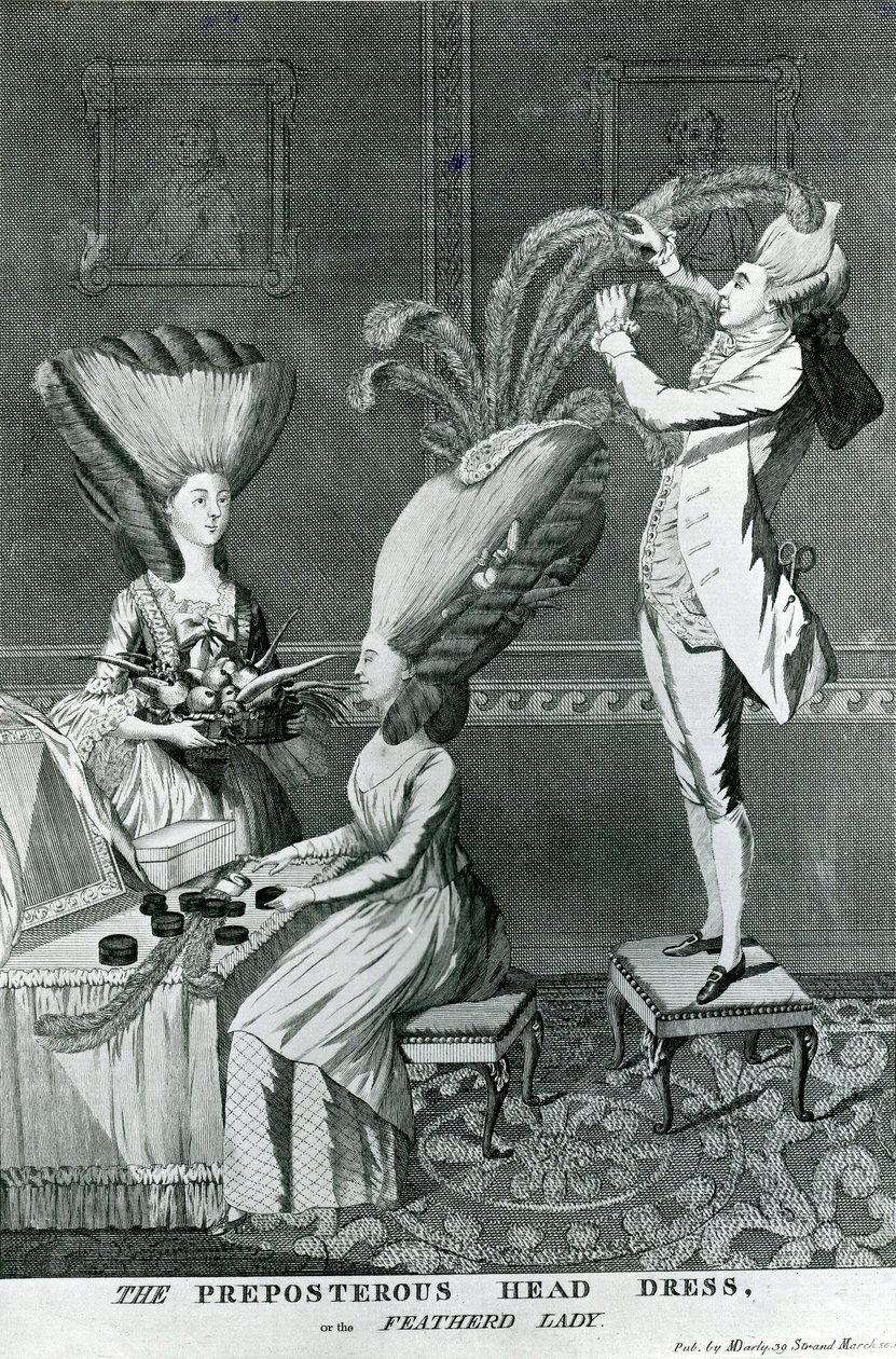 Het belachelijke hoofddeksel, of de gevederde dame, 1776 door Matthew or Matthias Darly