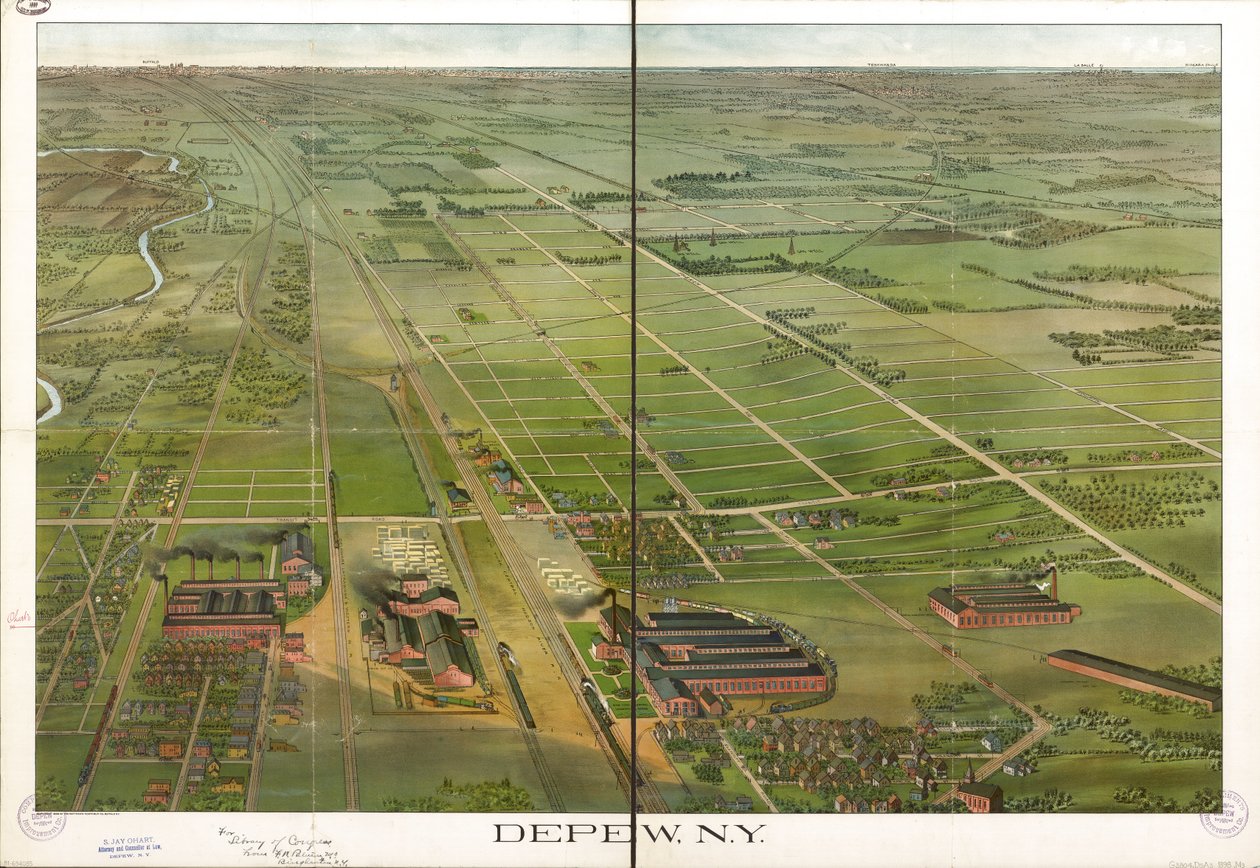Vogelvlucht. Georiënteerd met het noorden naar rechts. LC Panoramische kaarten (2e ed.), 555.1 Ook beschikbaar via de website van de Library of Congress als rasterafbeelding. LC-kopie geannoteerd in inkt. Gestempeld op: Complimenten Depew Improvement Co.;  door Matthews Northrup Company