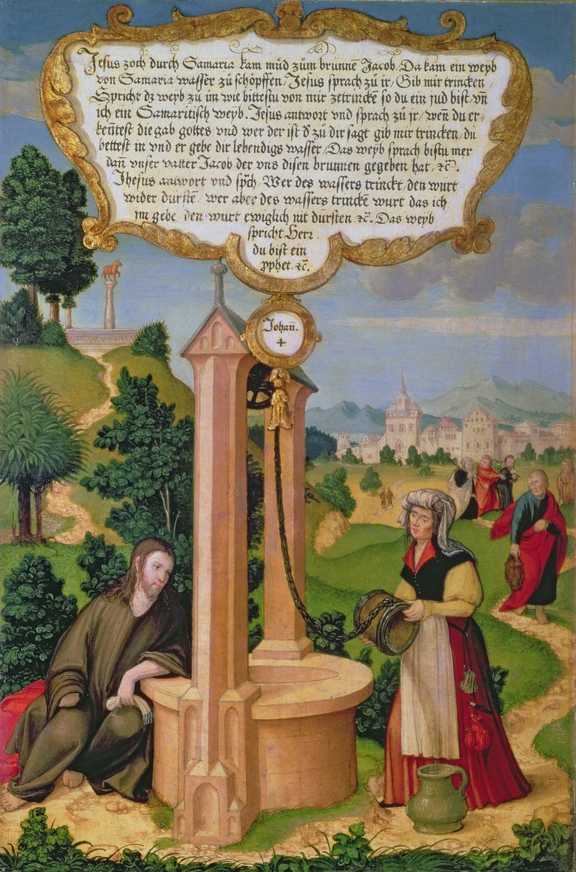 Christus en de Vrouw uit Samaria bij de Bron van Jacob, deel van vleugelpaneel van het Mompelgarter Altaarstuk (paneel) door Matthias Gerung or Gerou